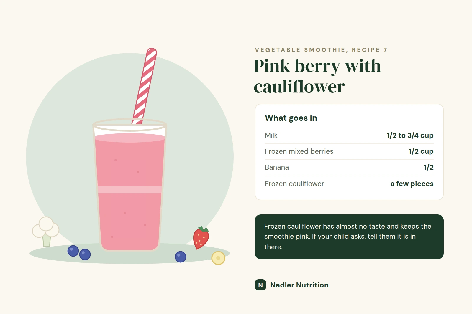 Pink berry and cauliflower smoothie in a kid cup with a striped straw